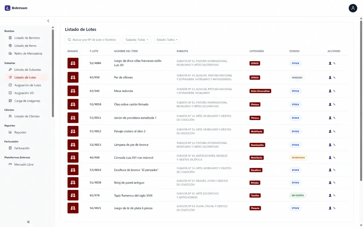 Bidstream lot listing